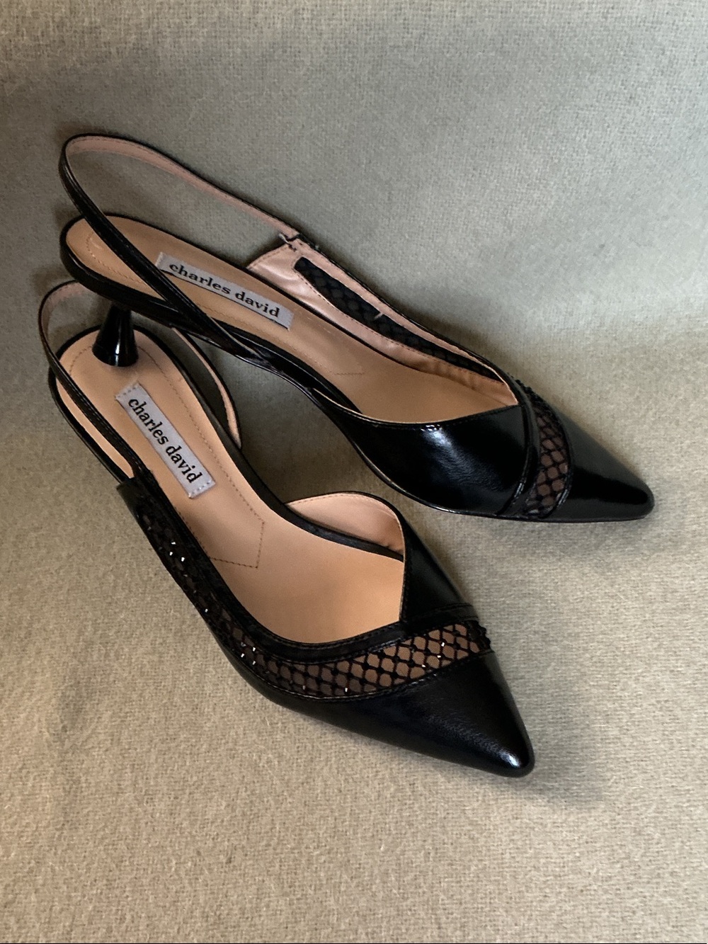 Charles David Black Patent Pointed Slingback Pumps with Mesh Accent